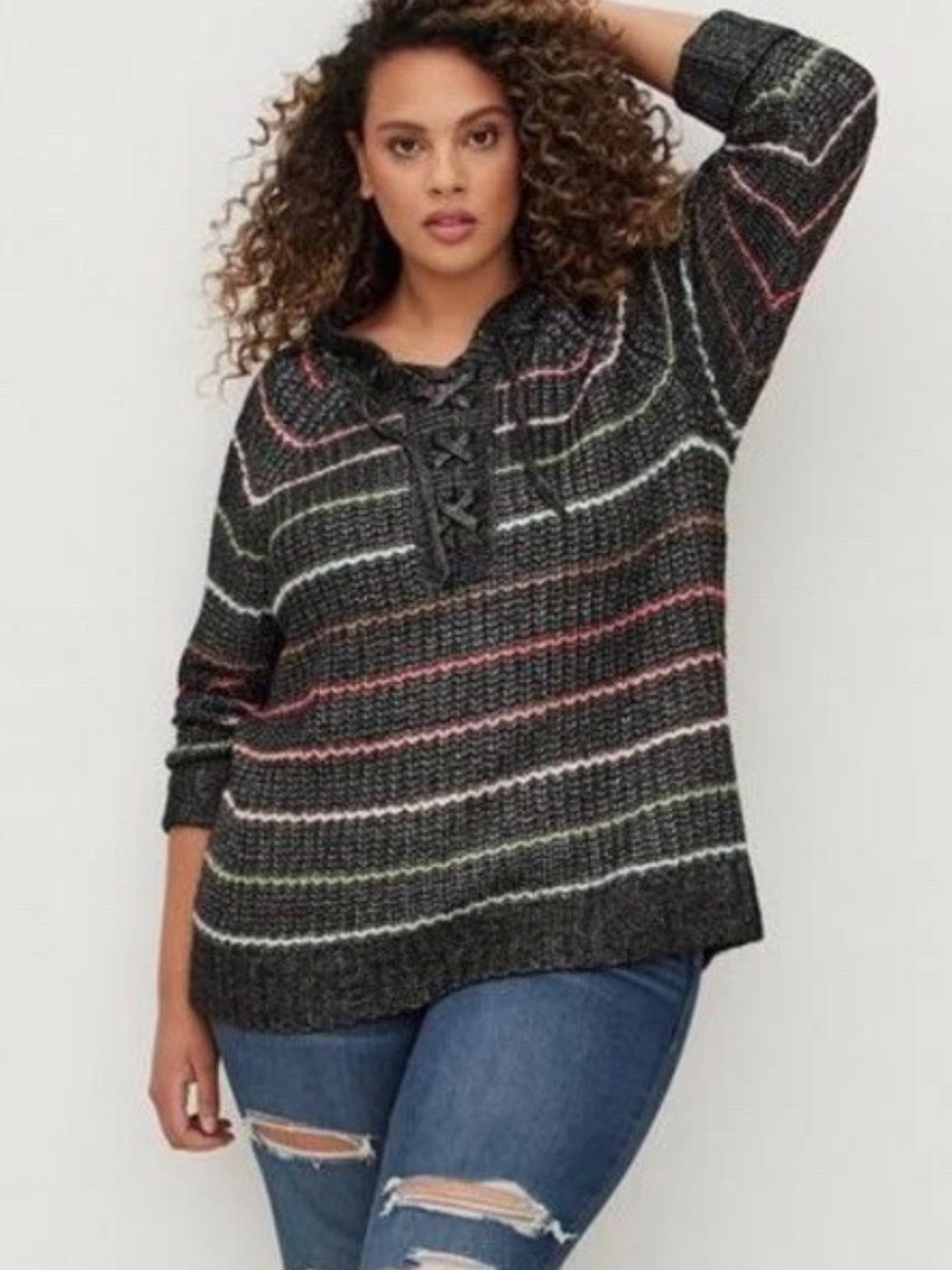 Torrid Lace Up Stripe Chunky Yarn Hoodie Sweater Soft Cozy Knit Plus Size 1X